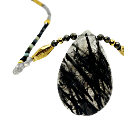 ARTIZ | 'Spring Collection (10)' Necklace | Mixed stones / labradorite / black rutiladed quartz / gold plated bronze