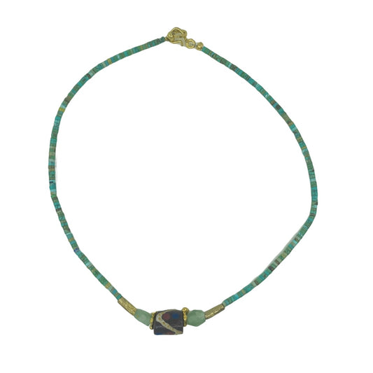 ARTIZ | 'Turquoise Short Necklace' | Handmade African Sandcast glass / gold plated bronze