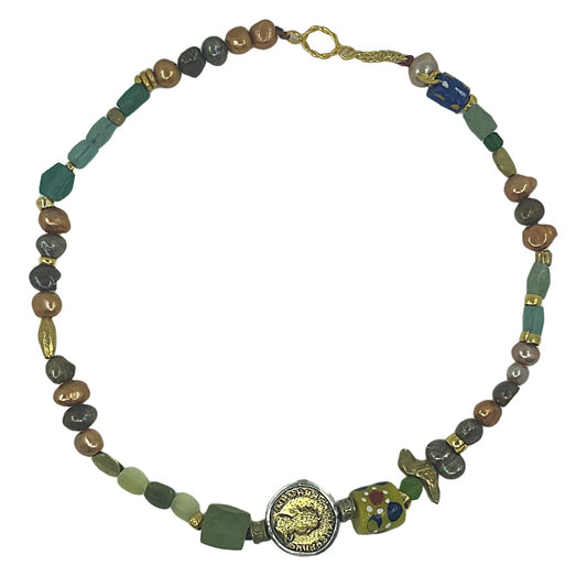 ARTIZ | 'Bronze Coin Neckalce' | Fresh water pearl / ancient roman glass / African Sandcast glass / bronze coin framed in silver