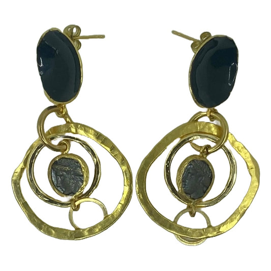ARTIZ | 'Black Enamel Earrings' | Bronze framed coin