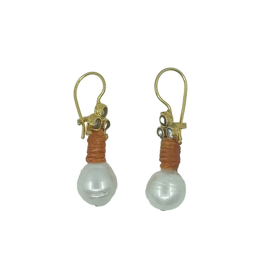 ARTIZ | 'Pearl Drop + Orange Thread Earrings' | Silver hook