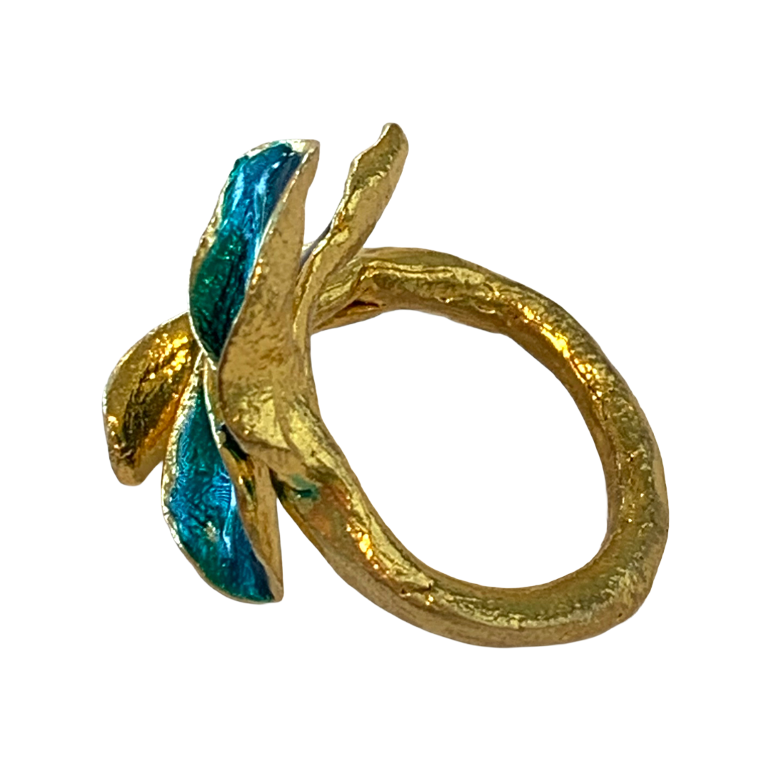 ARTIZ | 'Teal Enamel Leaf Ring ' | Gold plated bronze