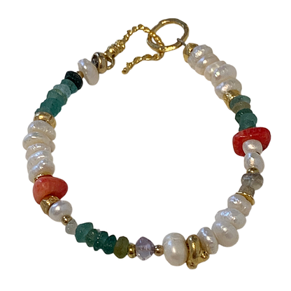 ARTIZ | 'Pearl + Stone' Mixed Bracelet | Freshwater Pearl, glass & stone beads | Bronze