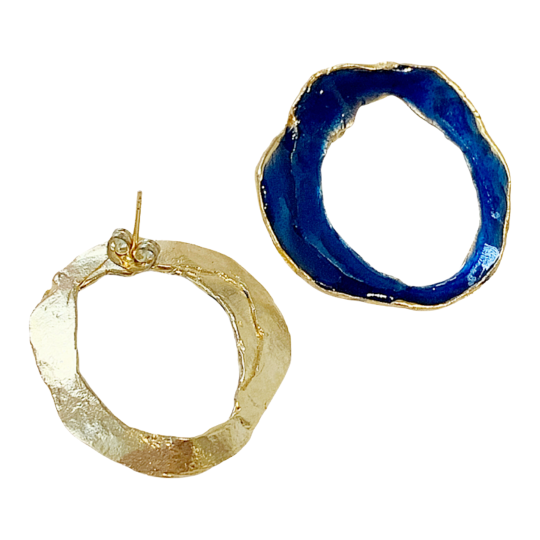 ARTIZ | 'Organic Ring' Stud Earrings- Blue | Bronze + enamel