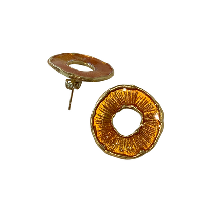 ARTIZ | 'Disc Ring' Stud Earrings- Orange | Enamel + Bronze