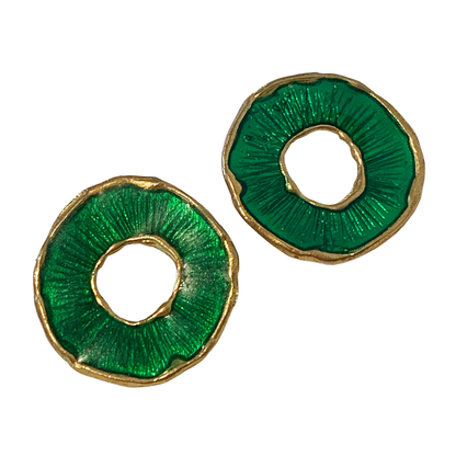 ARTIZ | 'Disc Ring' Stud Earrings- Green | Enamel + Bronze