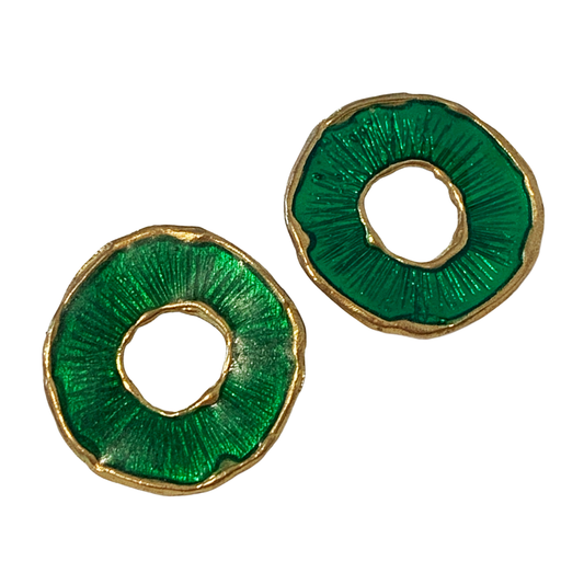 ARTIZ | 'Disc Ring' Stud Earrings- Green | Enamel + Bronze