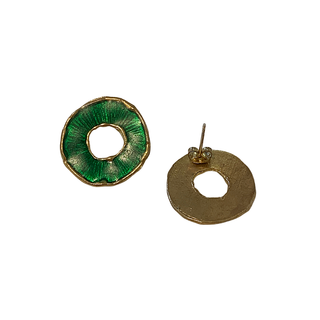 ARTIZ | 'Disc Ring' Stud Earrings- Green | Enamel + Bronze