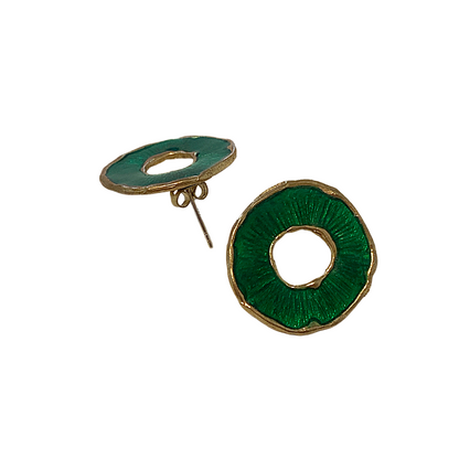ARTIZ | 'Disc Ring' Stud Earrings- Green | Enamel + Bronze
