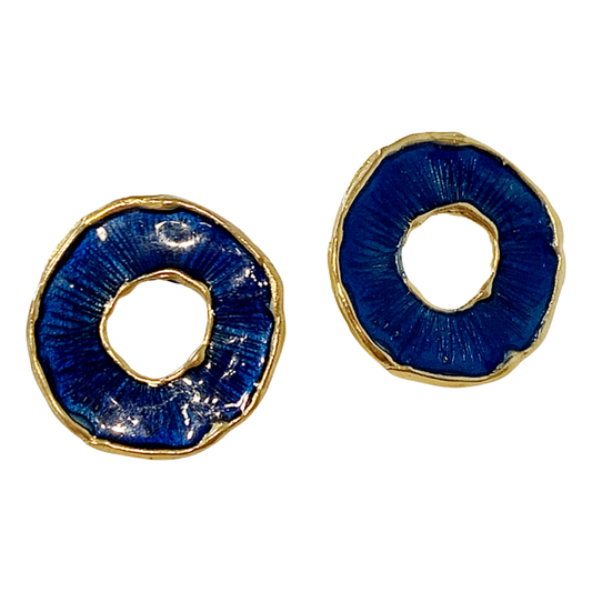 ARTIZ | 'Disc Ring' Stud Earrings- Blue | Enamel + Bronze