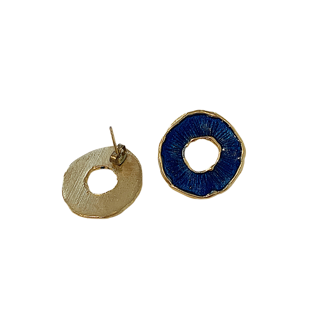 ARTIZ | 'Disc Ring' Stud Earrings- Blue | Enamel + Bronze