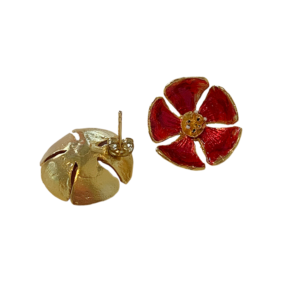 ARTIZ | 'Flowers' Stud Earrings | Red | Bronze + Enamel