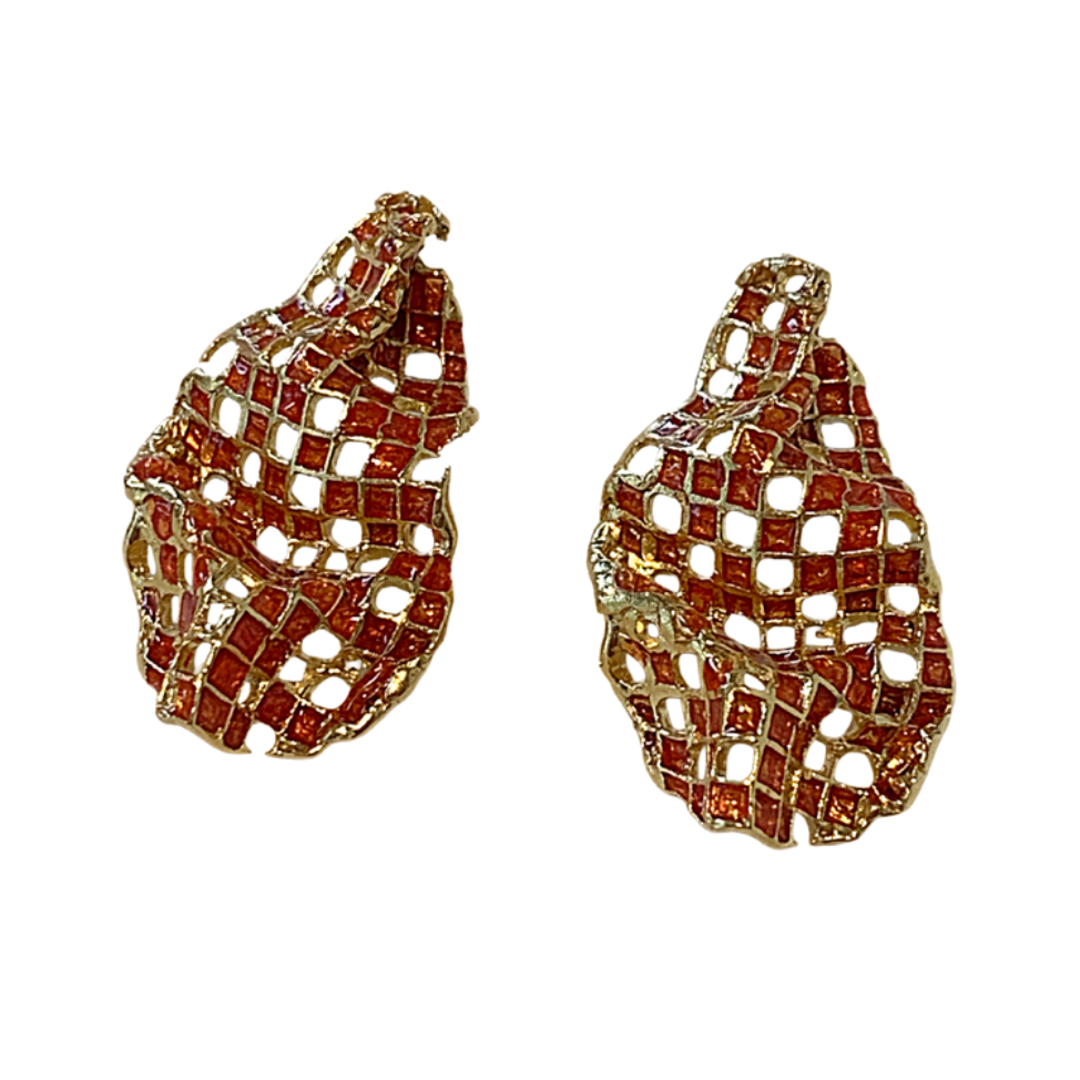 ARTIZ | 'Mesh Drops' Stud Earrings- Orange | Enamel + Bronze