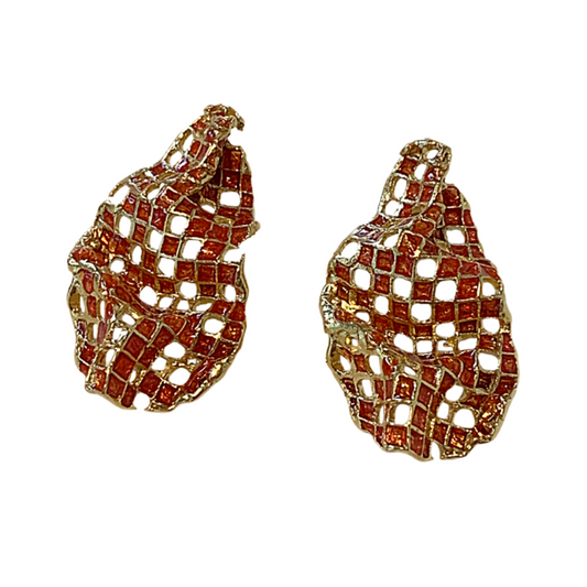 ARTIZ | 'Mesh Drops' Stud Earrings- Orange | Enamel + Bronze