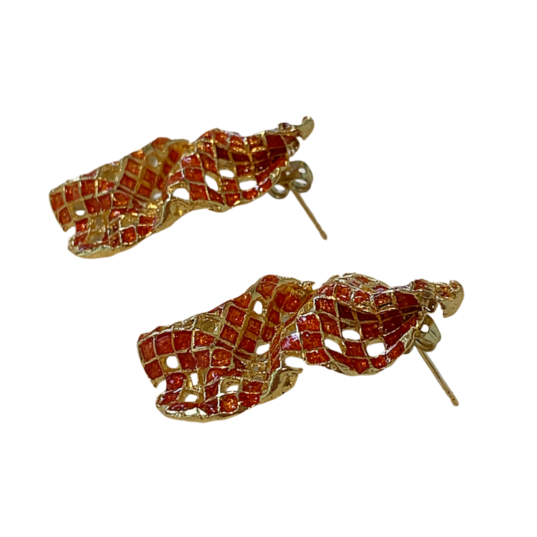 ARTIZ | 'Mesh Drops' Stud Earrings- Orange | Enamel + Bronze