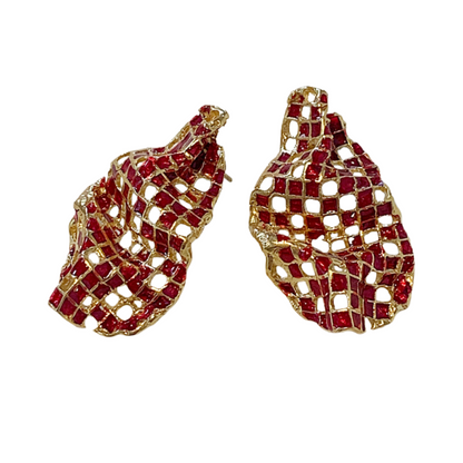 ARTIZ | 'Mesh Drops' Stud Earrings- Red | Enamel + Bronze