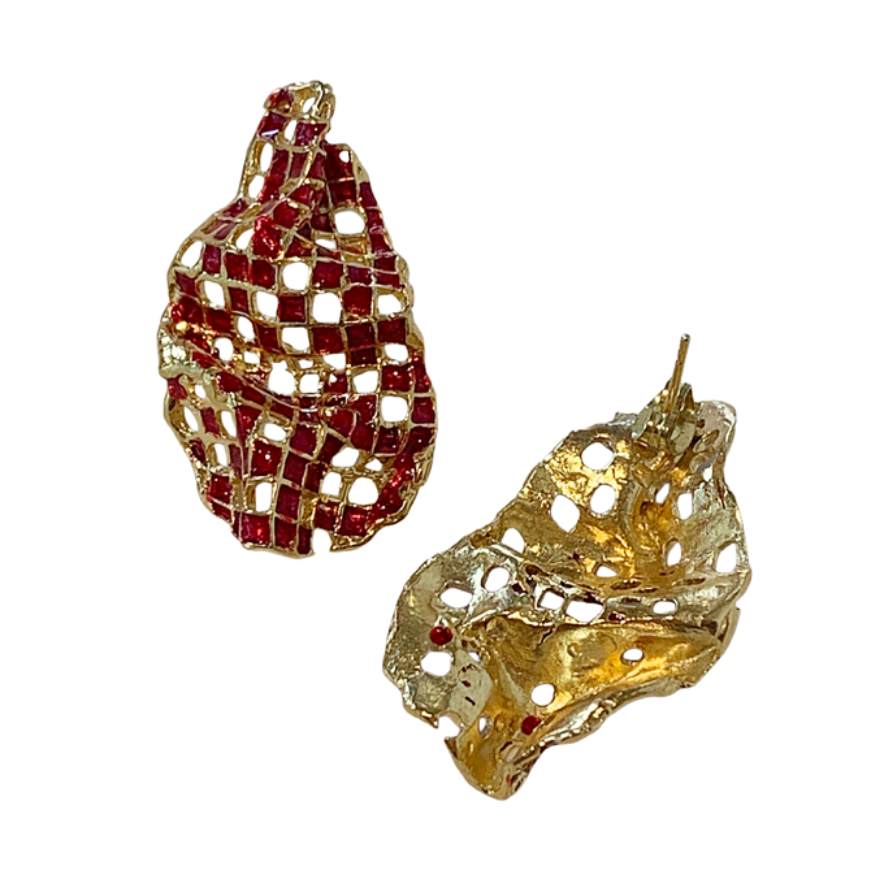 ARTIZ | 'Mesh Drops' Stud Earrings- Red | Enamel + Bronze