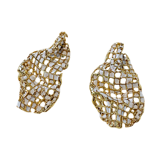 ARTIZ | 'Mesh Drops' Stud Earrings-White | Enamel + Bronze