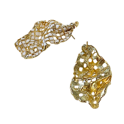 ARTIZ | 'Mesh Drops' Stud Earrings-White | Enamel + Bronze