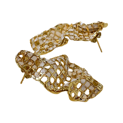 ARTIZ | 'Mesh Drops' Stud Earrings-White | Enamel + Bronze