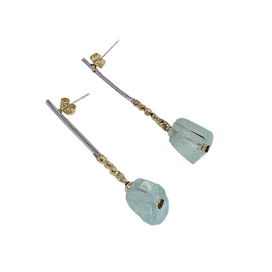 ARTIZ | 'Faceted Gem Drops' Long Stud Earrings | Silver + glass