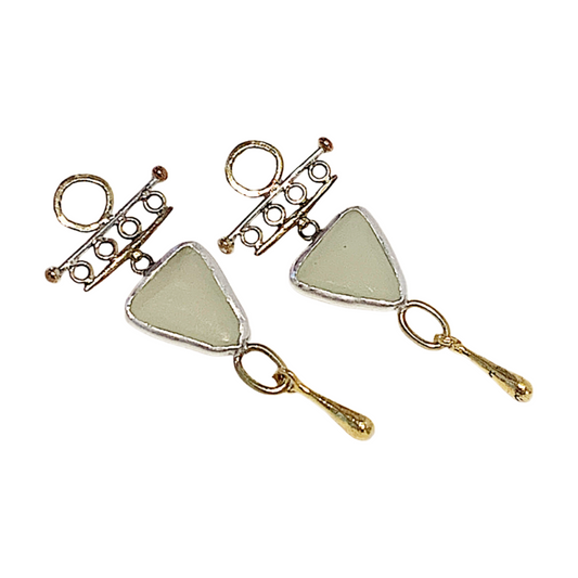 ARTIZ | 'Triangle Charm Drop’ Earrings | Glass, silver + bronze