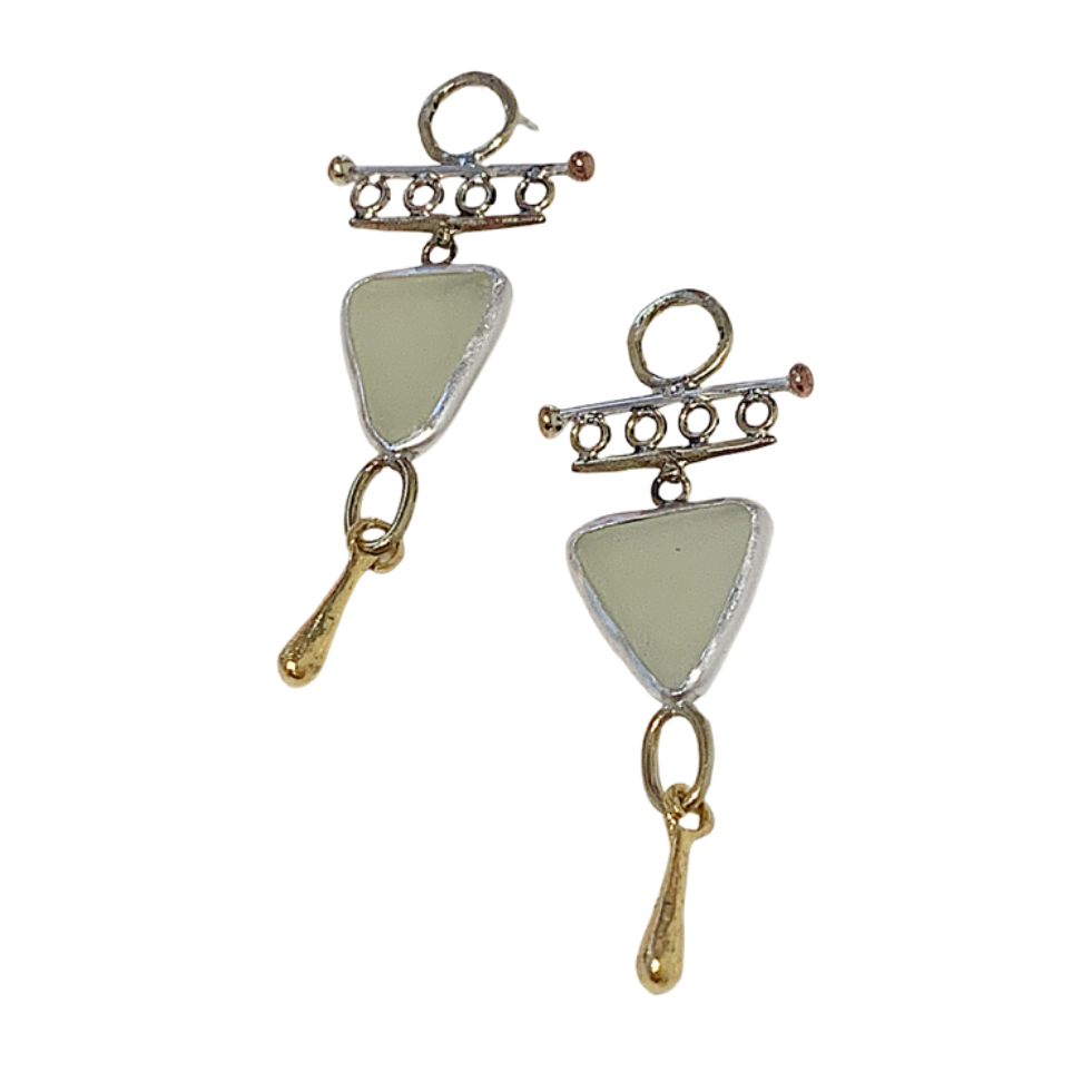 ARTIZ | 'Triangle Charm Drop’ Earrings | Glass, silver + bronze