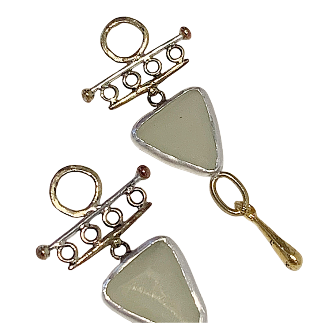 ARTIZ | 'Triangle Charm Drop’ Earrings | Glass, silver + bronze