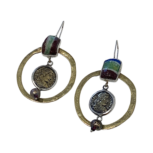 ARTIZ | 'Circle & Charms’ Dangle Earrings | Glass, silver + bronze