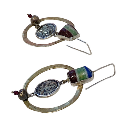 ARTIZ | 'Circle & Charms’ Dangle Earrings | Glass, silver + bronze