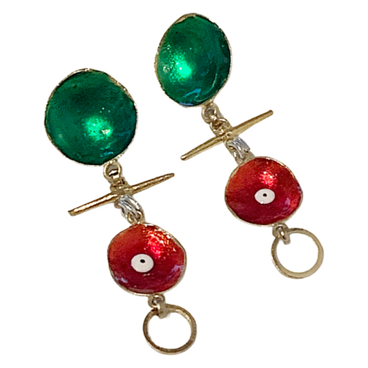 ARTIZ | 'Cup & Eye’ Charm Earrings | Red + Green | Enamel + bronze