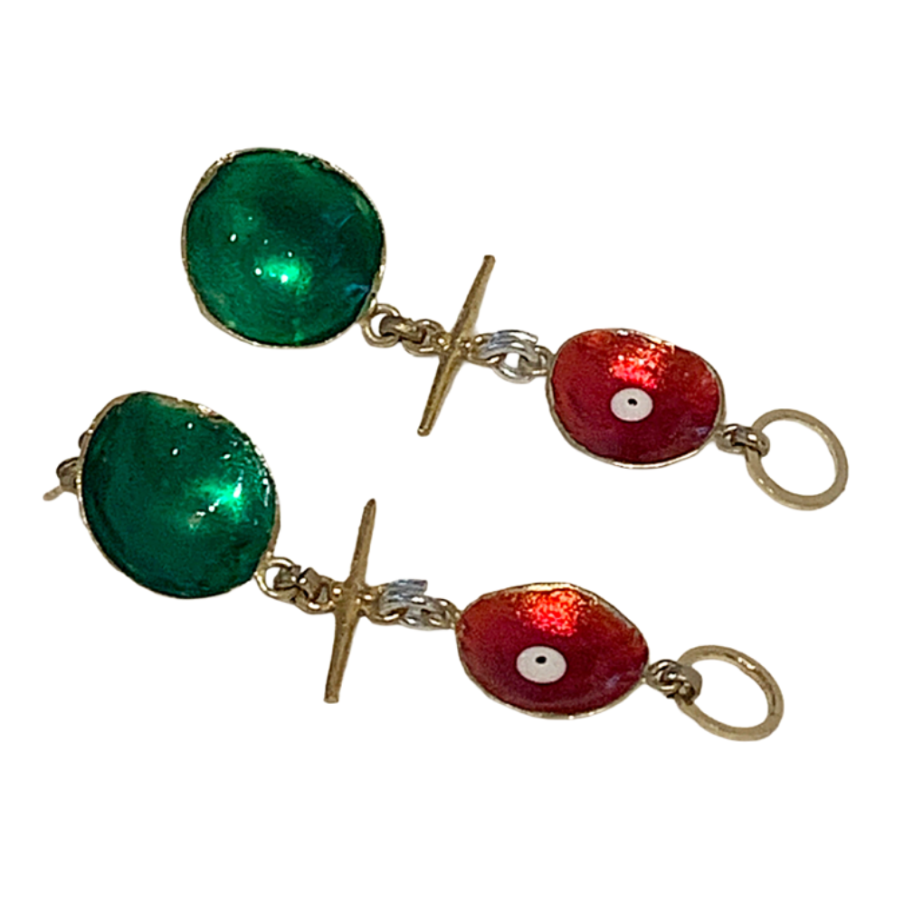 ARTIZ | 'Cup & Eye’ Charm Earrings | Red + Green | Enamel + bronze