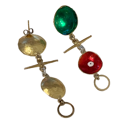 ARTIZ | 'Cup & Eye’ Charm Earrings | Red + Green | Enamel + bronze