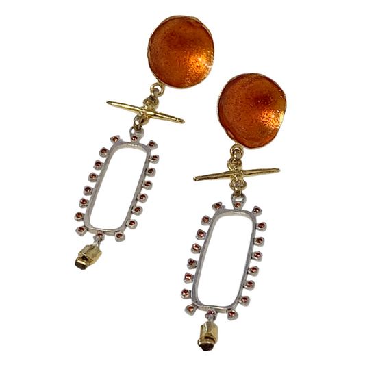 ARTIZ | 'Cup & Charm’ Dangle Earrings- Orange | Enamel | Silver + bronze