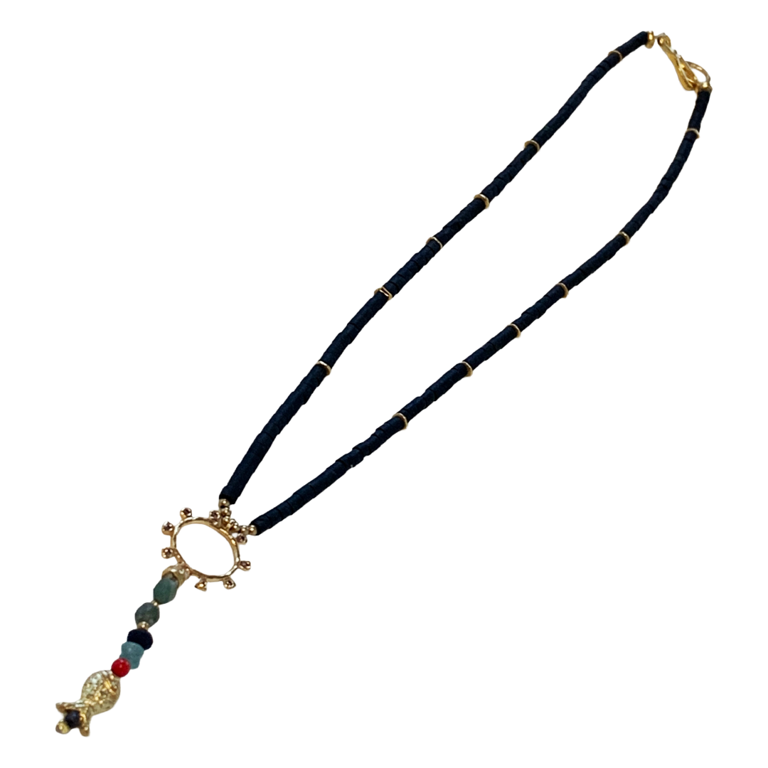 ARTIZ | 'Circle Drop’ Necklace | Fish charm  Mixed beads + Bronze