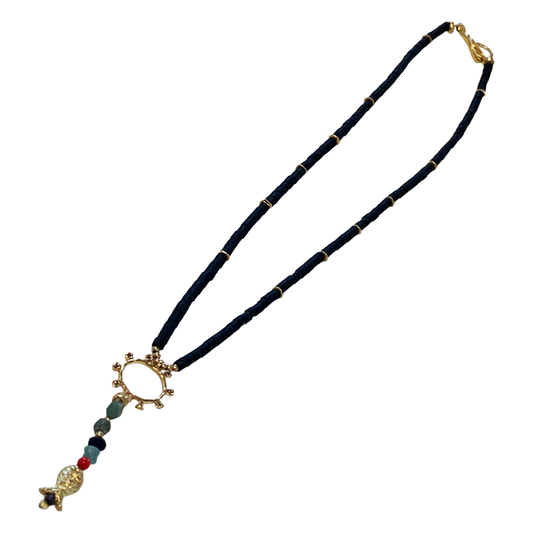 ARTIZ | 'Circle Drop’ Necklace | Fish charm  Mixed beads + Bronze