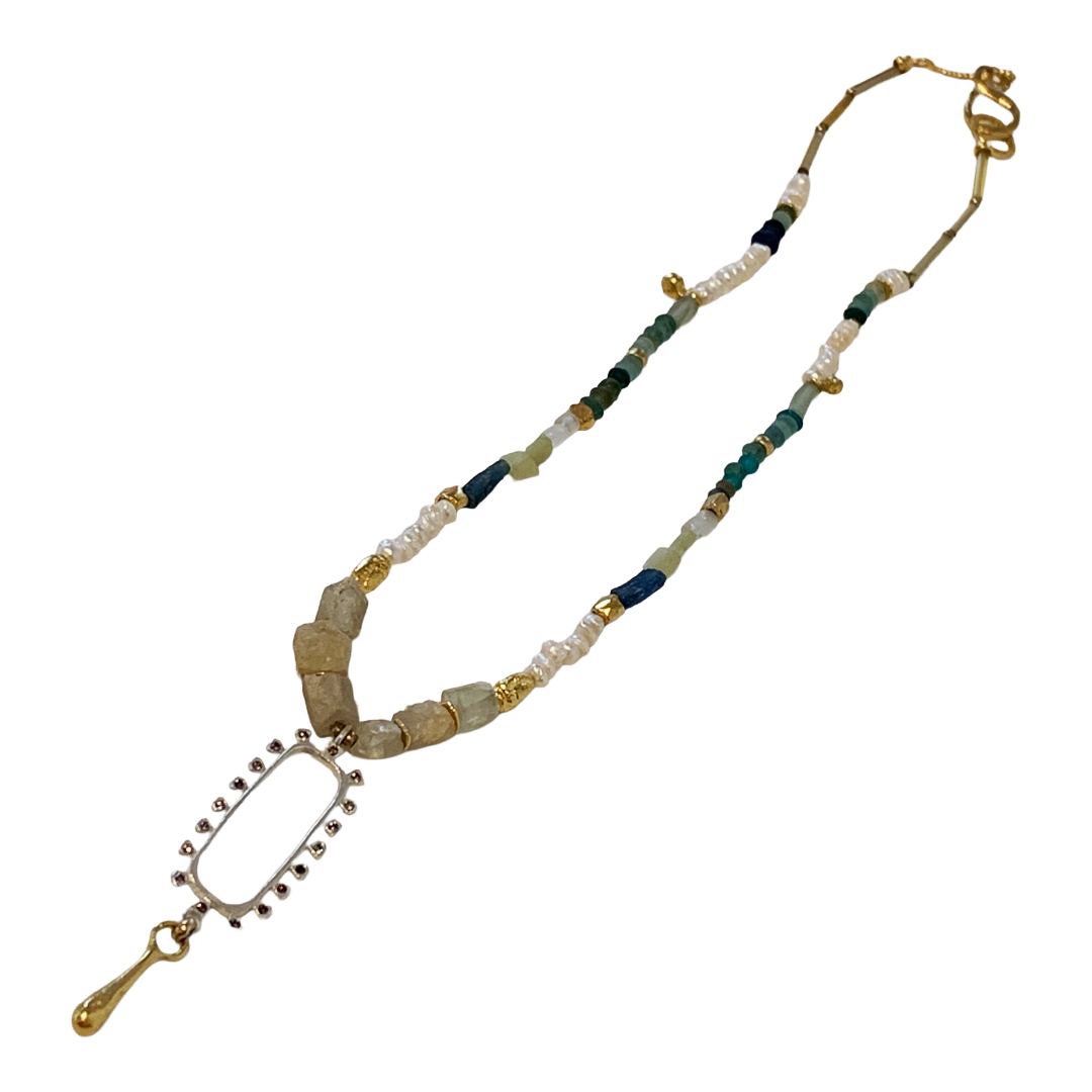 ARTIZ | 'Oval Drop’ Necklace | Pearl, Jade, Old Glass + Silver | Bronze