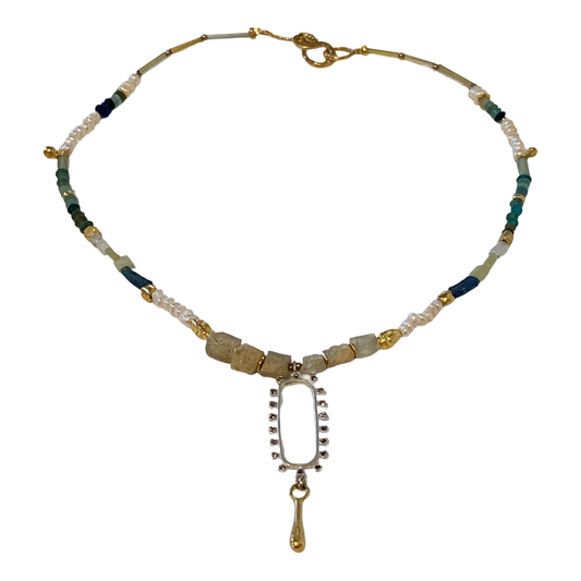 ARTIZ | 'Oval Drop’ Necklace | Pearl, Jade, Old Glass + Silver | Bronze