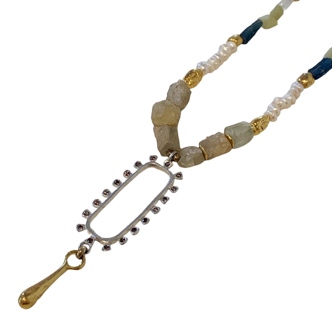 ARTIZ | 'Oval Drop’ Necklace | Pearl, Jade, Old Glass + Silver | Bronze