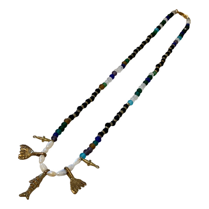 ARTIZ | 'Sea Charms ’ Necklace | Mixed Beads + Pearls | Bronze charms