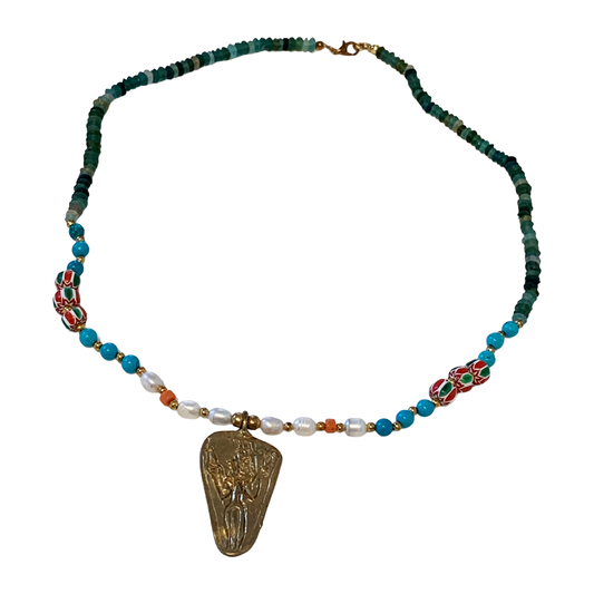 ARTIZ | 'Triangular Pendant' Necklace | Mid Length | Pearls, Turquoise + coral | Bronze