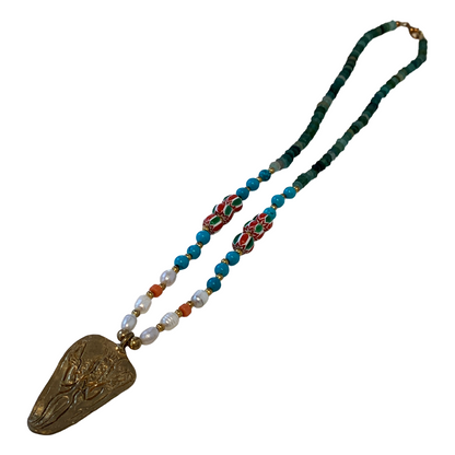 ARTIZ | 'Triangular Pendant' Necklace | Mid Length | Pearls, Turquoise + coral | Bronze