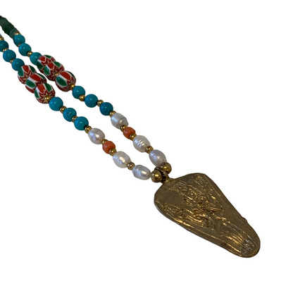ARTIZ | 'Triangular Pendant' Necklace | Mid Length | Pearls, Turquoise + coral | Bronze