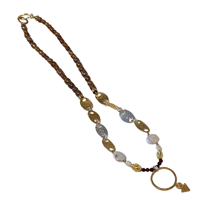 ARTIZ | 'Ring + Arrow' Necklace | Pearl, ruby, bronze + Silver