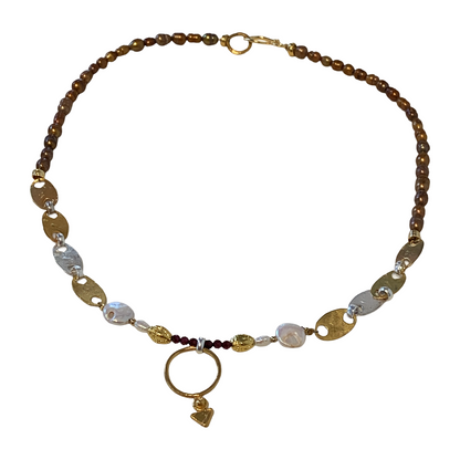ARTIZ | 'Ring + Arrow' Necklace | Pearl, ruby, bronze + Silver