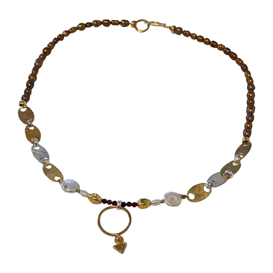 ARTIZ | 'Ring + Arrow' Necklace | Pearl, ruby, bronze + Silver