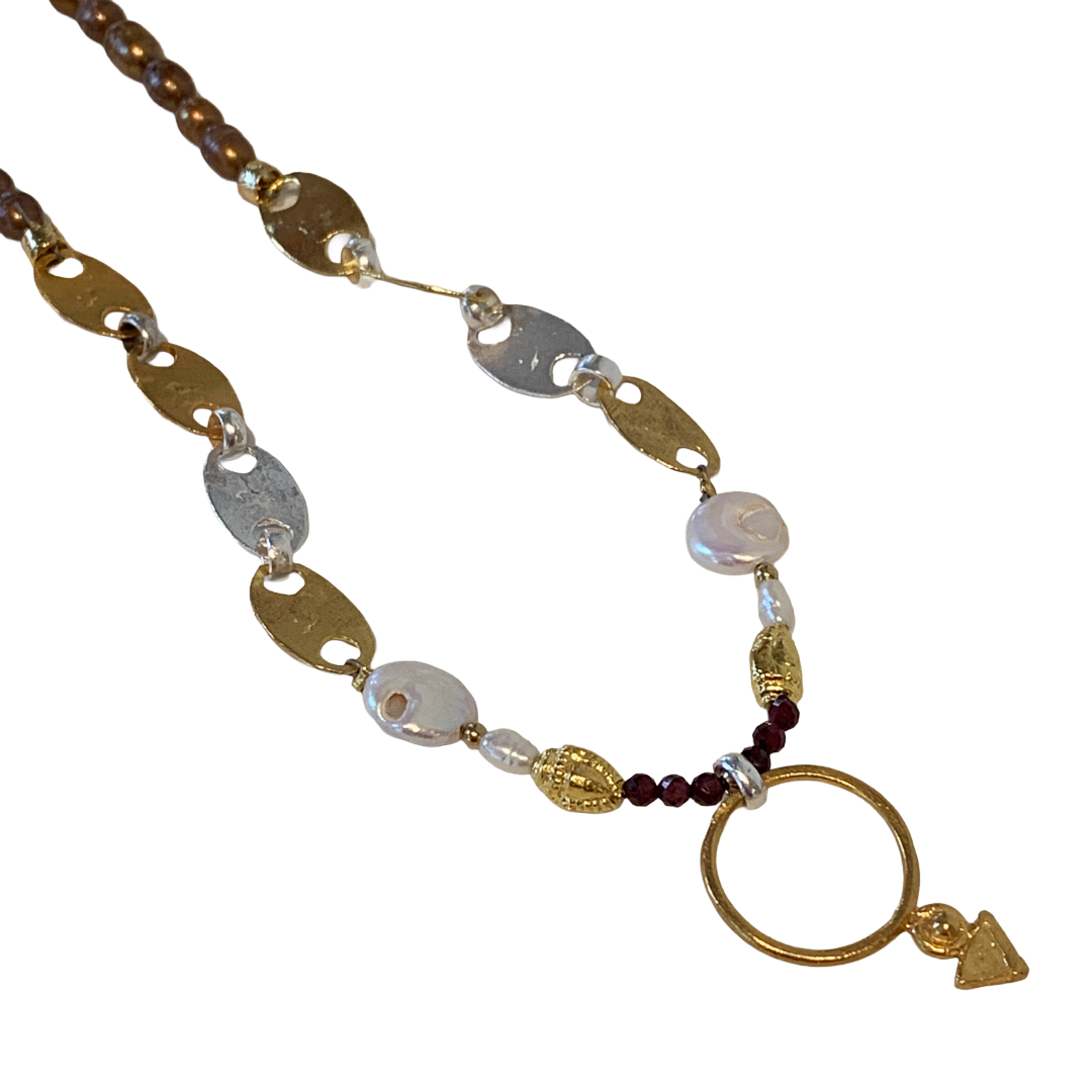 ARTIZ | 'Ring + Arrow' Necklace | Pearl, ruby, bronze + Silver