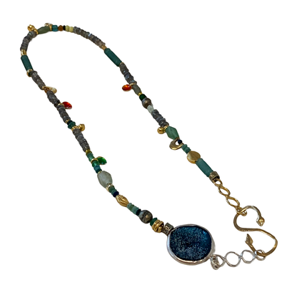 ARTIZ | 'Disc & Cup' Necklace | Mixed bead, glass + enamel | Bronze