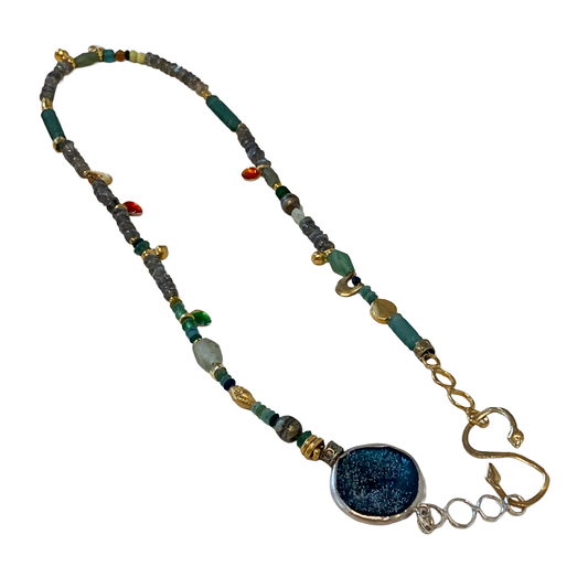 ARTIZ | 'Disc & Cup' Necklace | Mixed bead, glass + enamel | Bronze