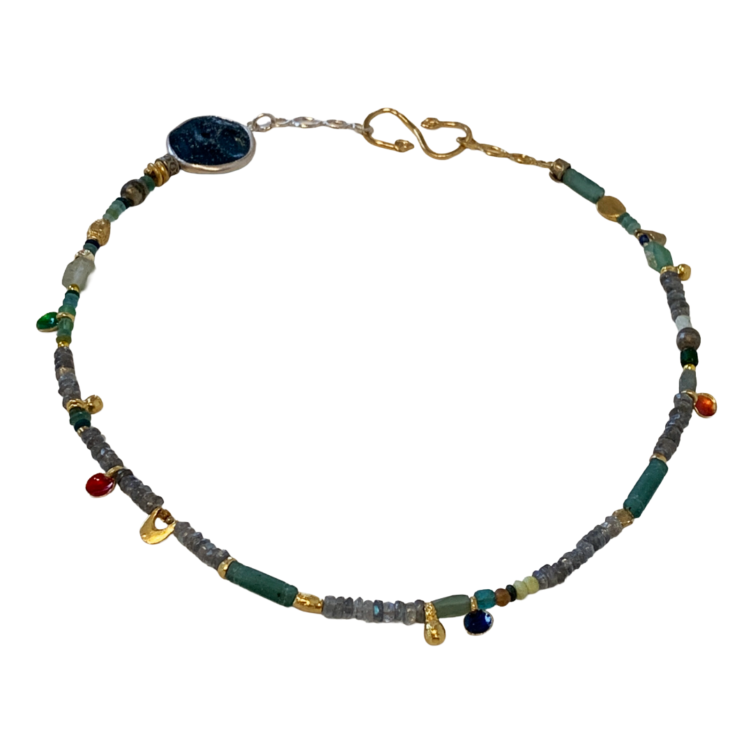 ARTIZ | 'Disc & Cup' Necklace | Mixed bead, glass + enamel | Bronze